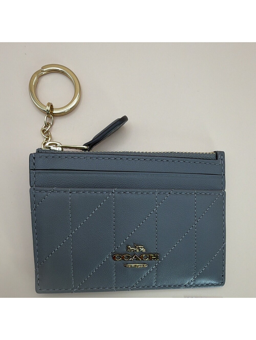 Coach Quilted Leather ID/Document Holder Zip Pouch Key Ring Gray Logo